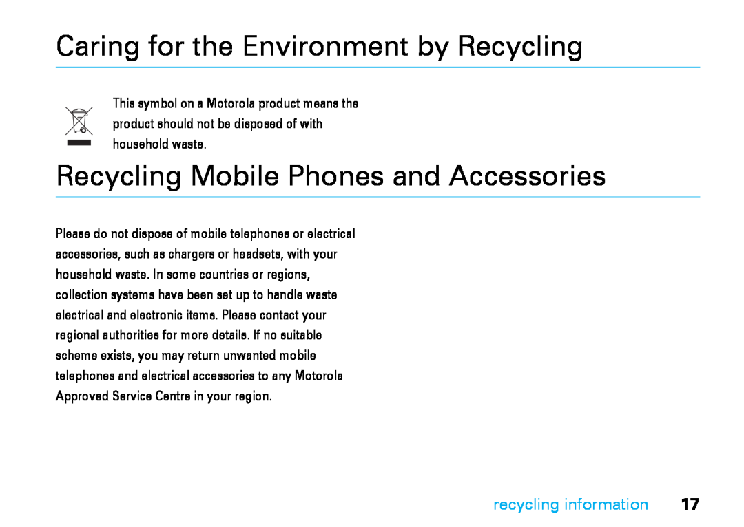 Motorola V8 manual Caring for the Environment by Recycling, Recycling Mobile Phones and Accessories, recycling information 