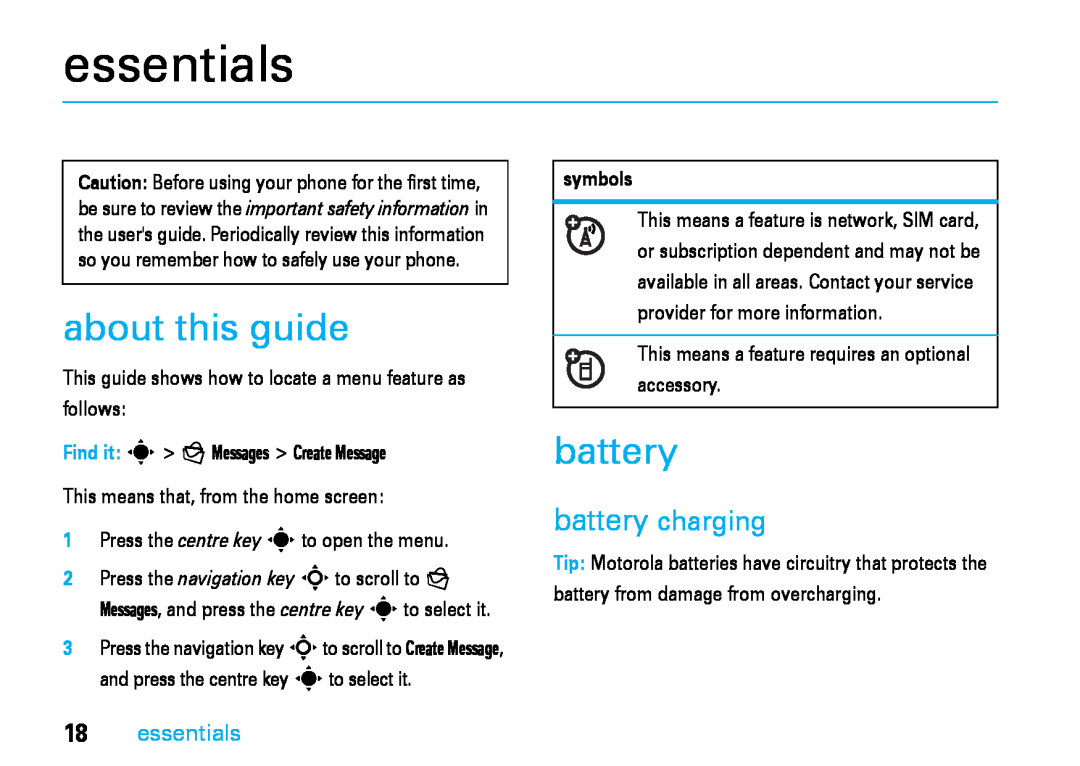 Motorola V8 manual essentials, about this guide, battery charging, symbols 