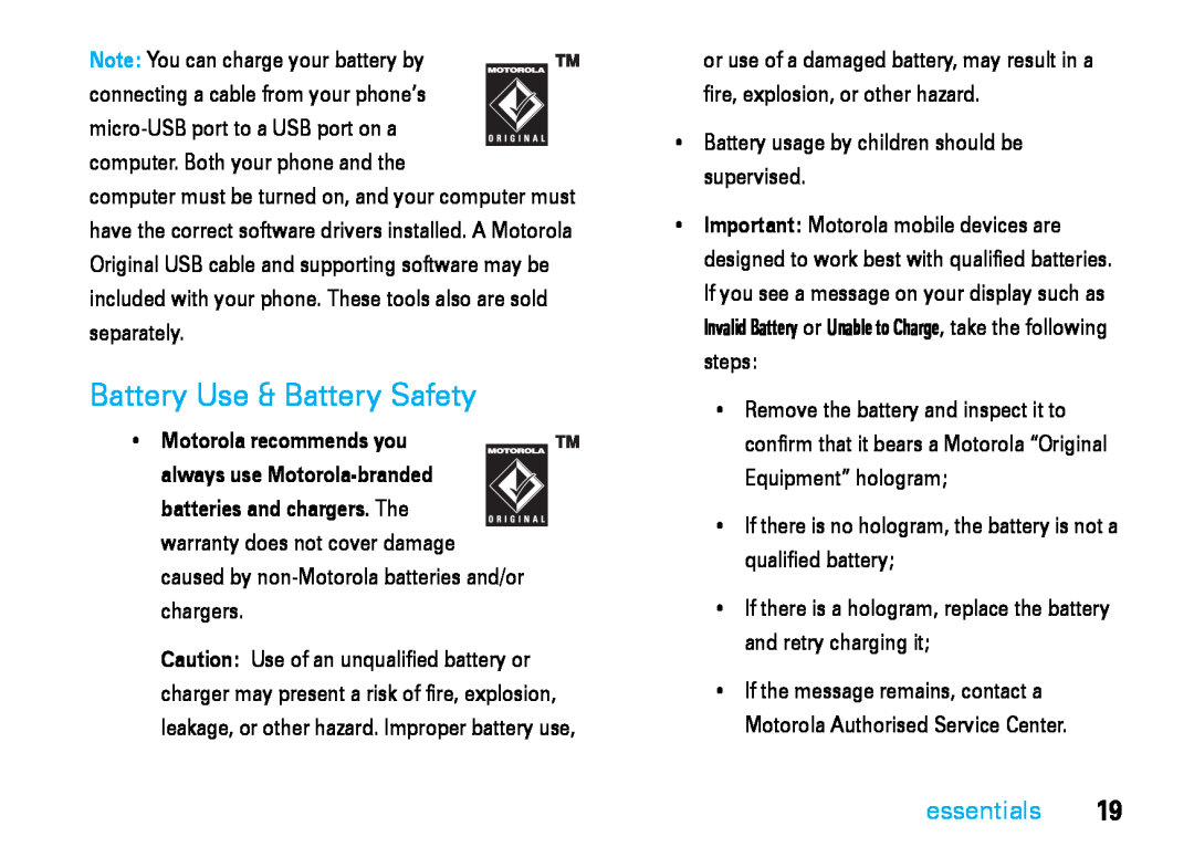 Motorola V8 manual Battery Use & Battery Safety, essentials 