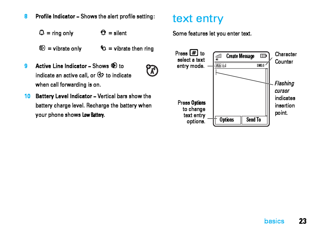 Motorola V8 manual text entry, cursor, basics 
