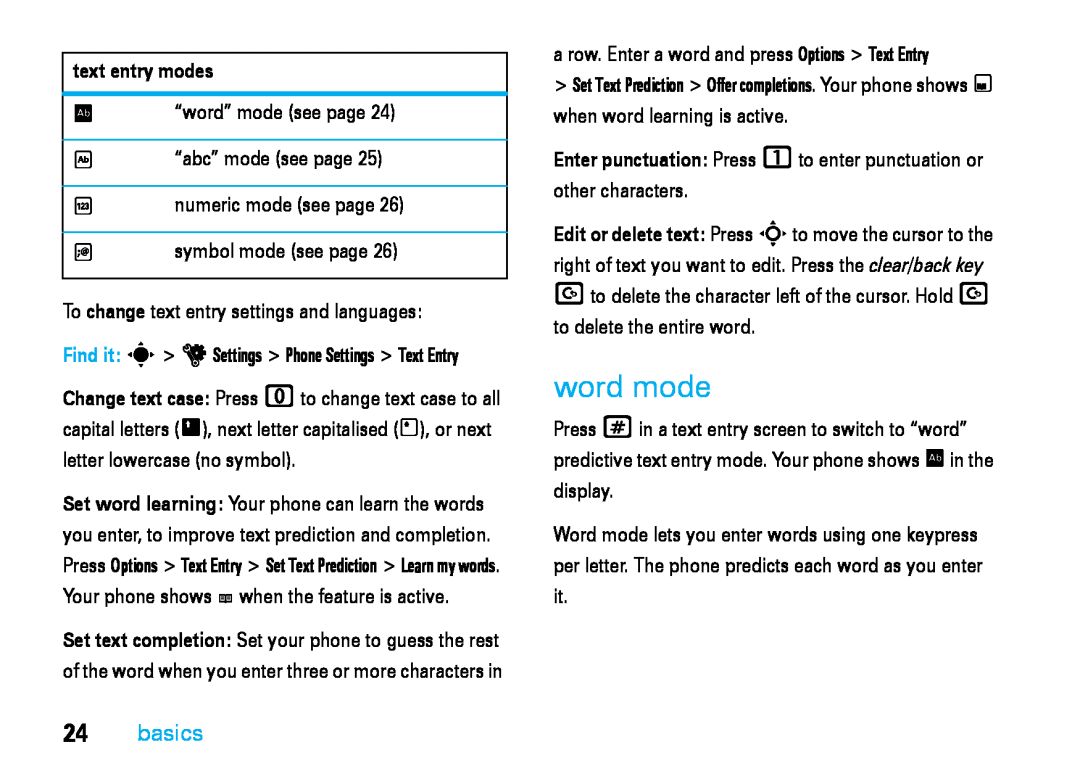 Motorola V8 manual word mode, basics, text entry modes, Enter punctuation Press 1to enter punctuation or other characters 