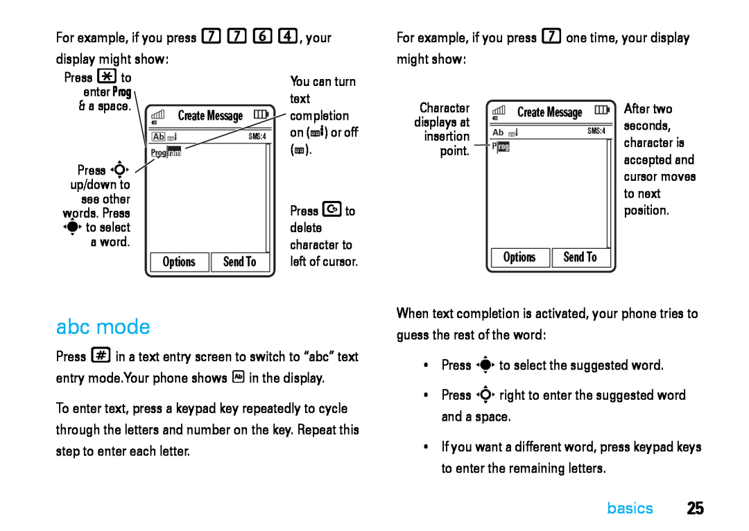 Motorola V8 manual abc mode, basics, up/down to, Options 
