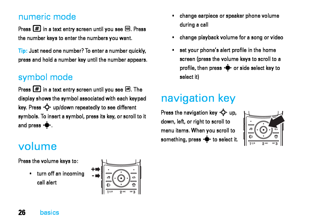 Motorola V8 manual volume, navigation key, numeric mode, symbol mode, basics 