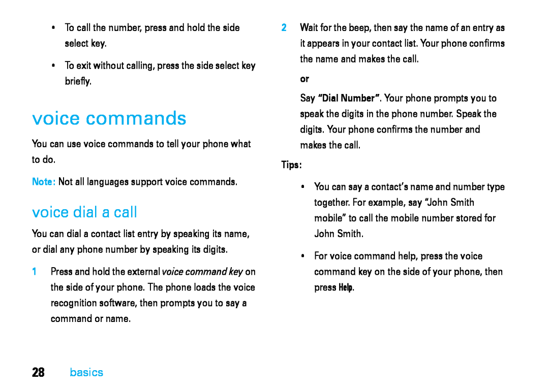 Motorola V8 manual voice commands, voice dial a call, basics, Tips 