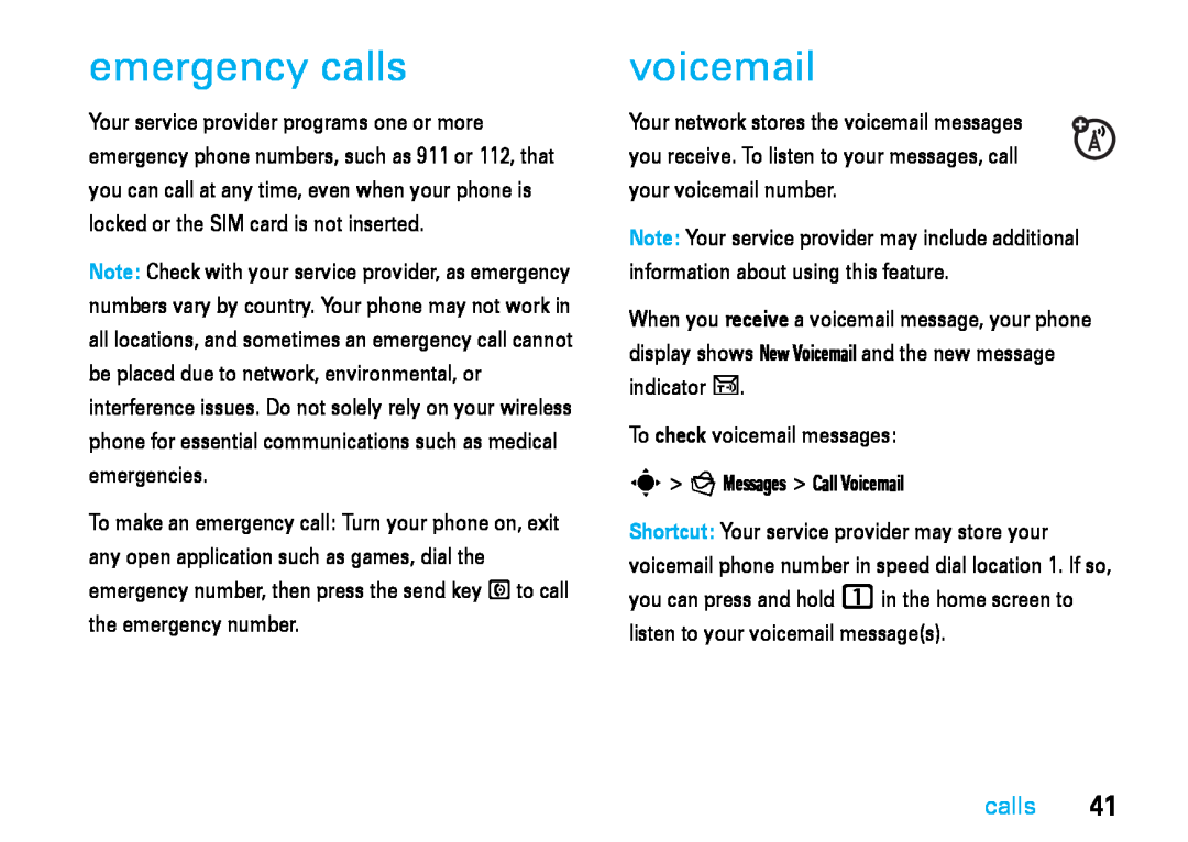 Motorola V8 manual emergency calls, voicemail 