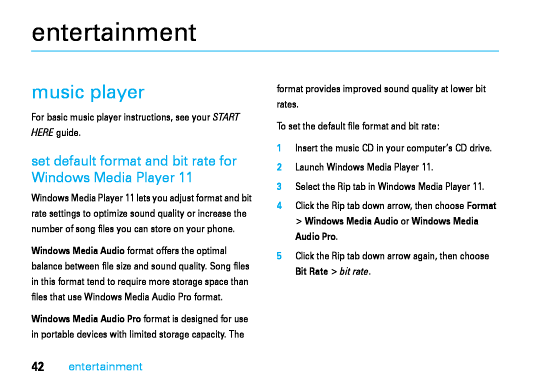 Motorola V8 manual entertainment, music player, set default format and bit rate for Windows Media Player 