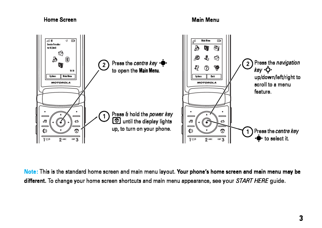 Motorola V8 manual Home Screen, to open the Main Menu, Press the centre key sto select it 