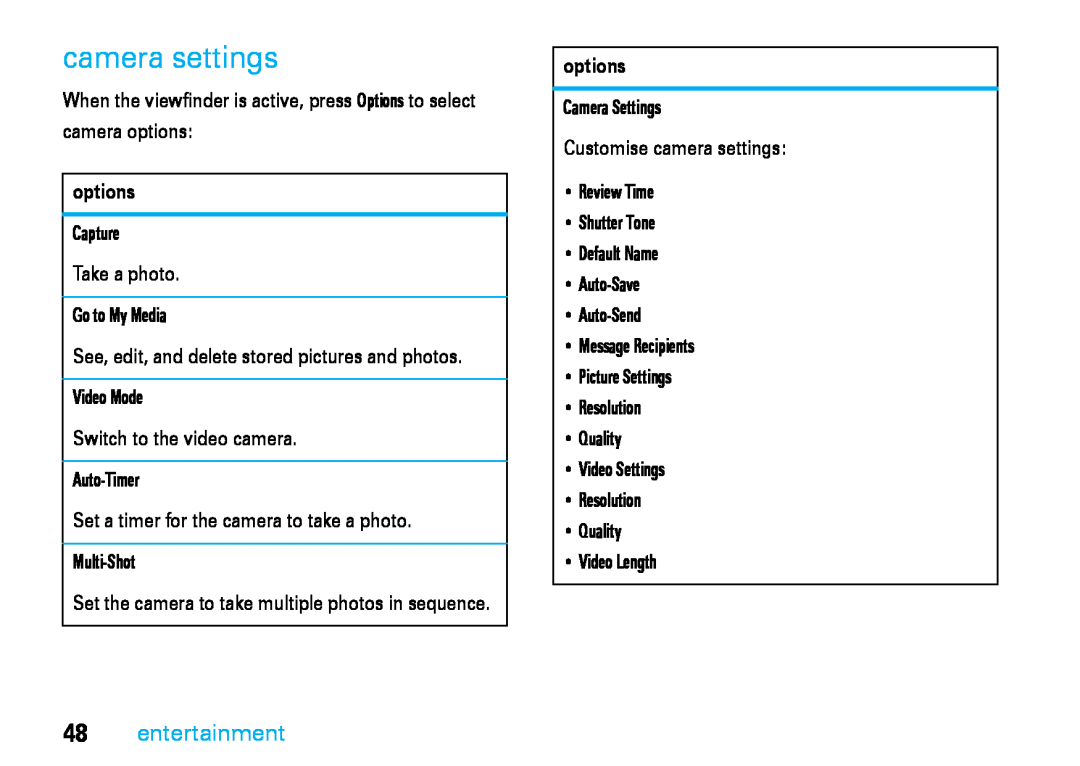 Motorola V8 manual camera settings, entertainment, options 