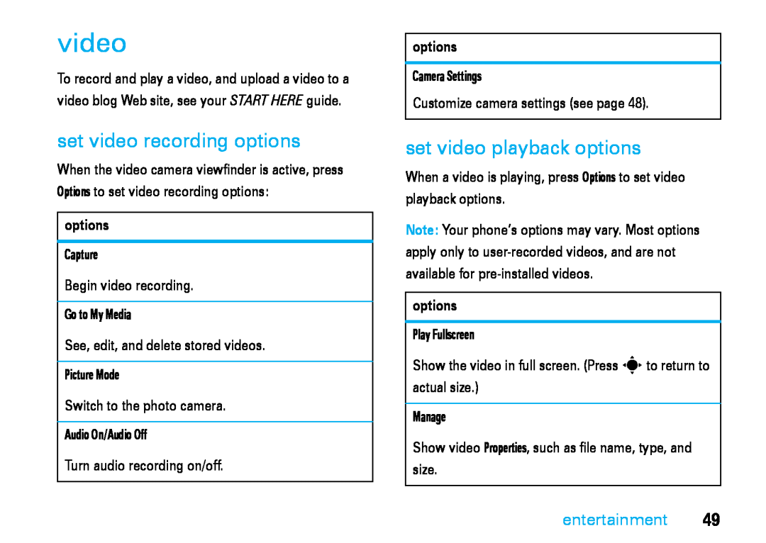Motorola V8 manual set video recording options, set video playback options, entertainment 