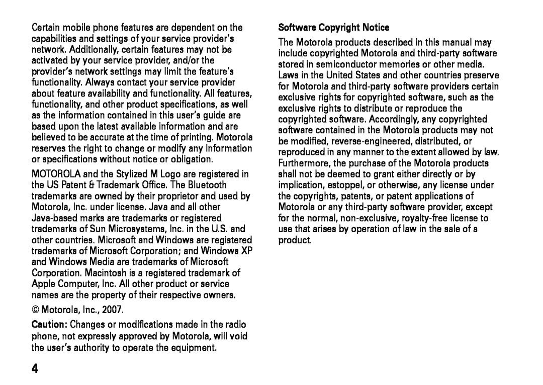 Motorola V8 manual Software Copyright Notice, Motorola, Inc 