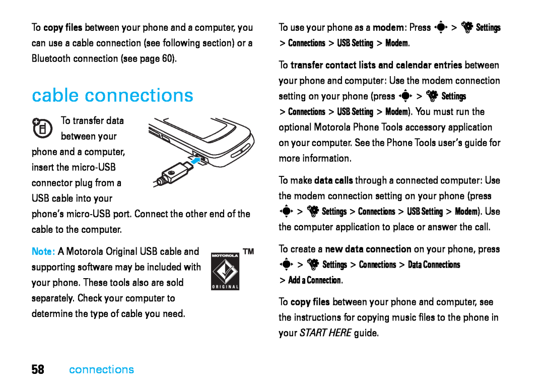 Motorola V8 manual cable connections 