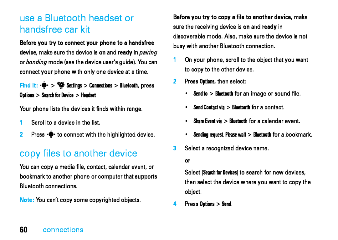 Motorola V8 manual use a Bluetooth headset or handsfree car kit, copy files to another device, connections 