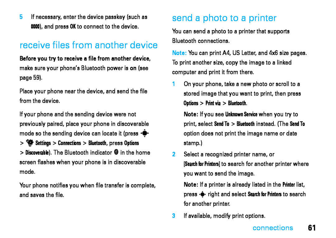Motorola V8 manual receive files from another device, send a photo to a printer, connections 