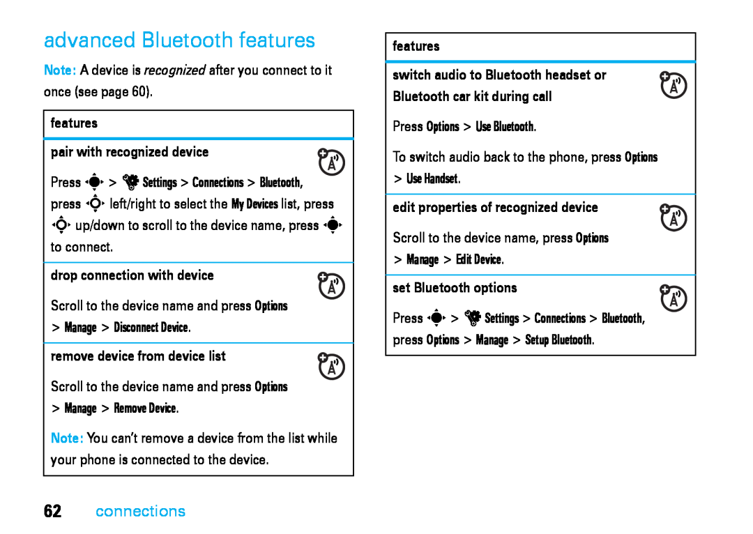 Motorola V8 advanced Bluetooth features, connections, features pair with recognized device, drop connection with device 