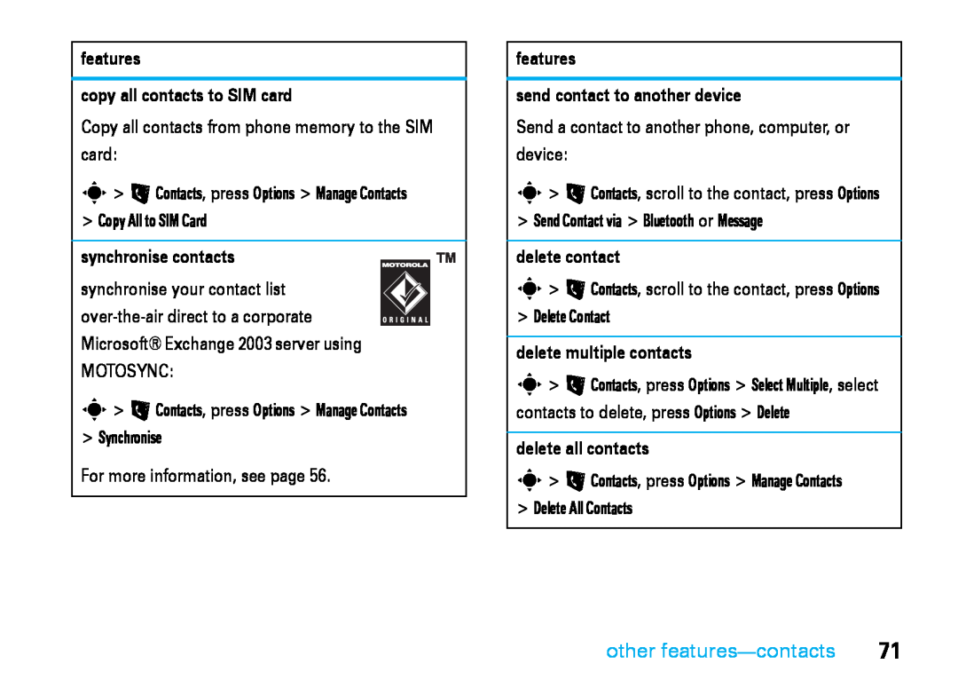 Motorola V8 manual features copy all contacts to SIM card, synchronise contacts, features send contact to another device 