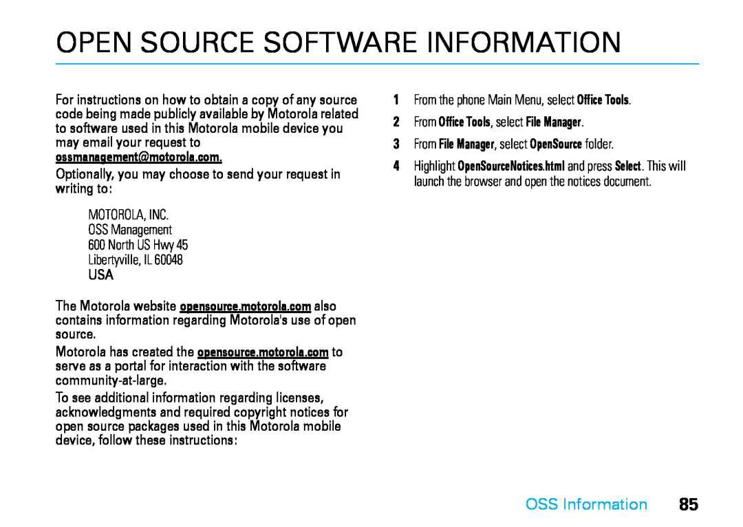 Motorola V8 manual Open Source Software Information, OSS Information 
