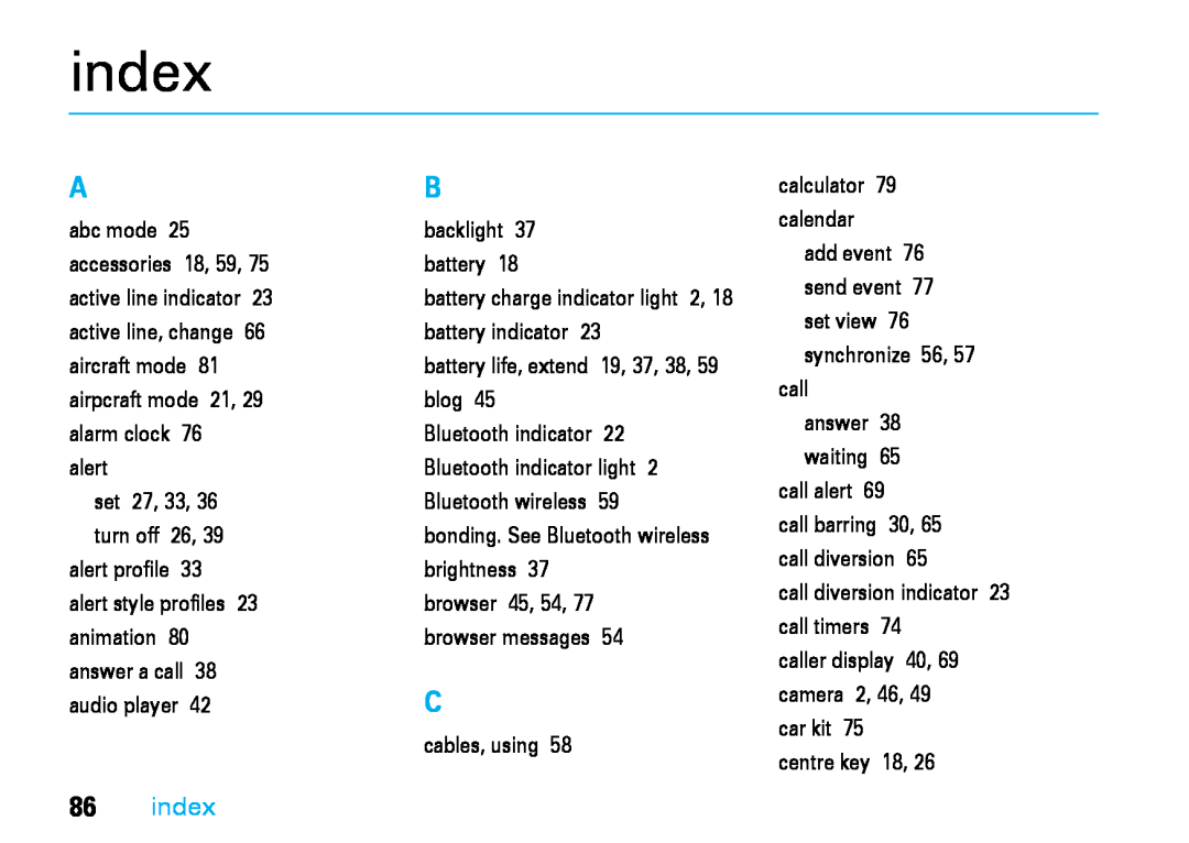 Motorola V8 manual index 