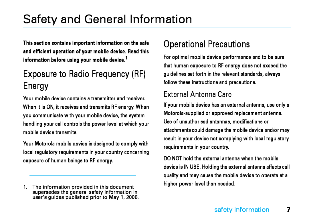 Motorola V8 manual Safety and General Information, Exposure to Radio Frequency RF Energy, Operational Precautions 