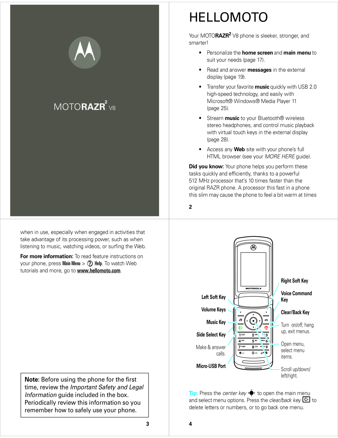 Motorola V8 manual Hellomoto, Motorazr, Note Before using the phone for the first, Information guide included in the box 