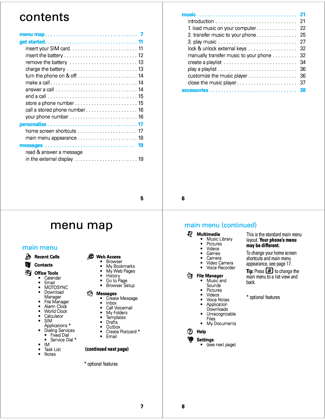 Motorola V8 manual contents, menu map, main menu continued, personalize, messages, may be different, continued next page 