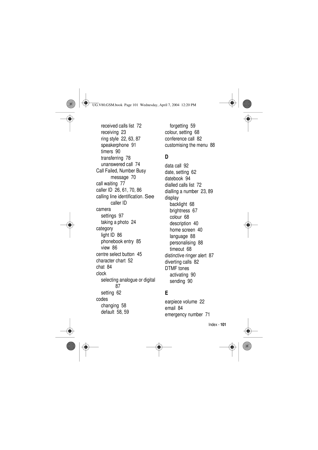 Motorola V80 manual Received calls list 72 receiving, Call waiting, Caller ID camera 