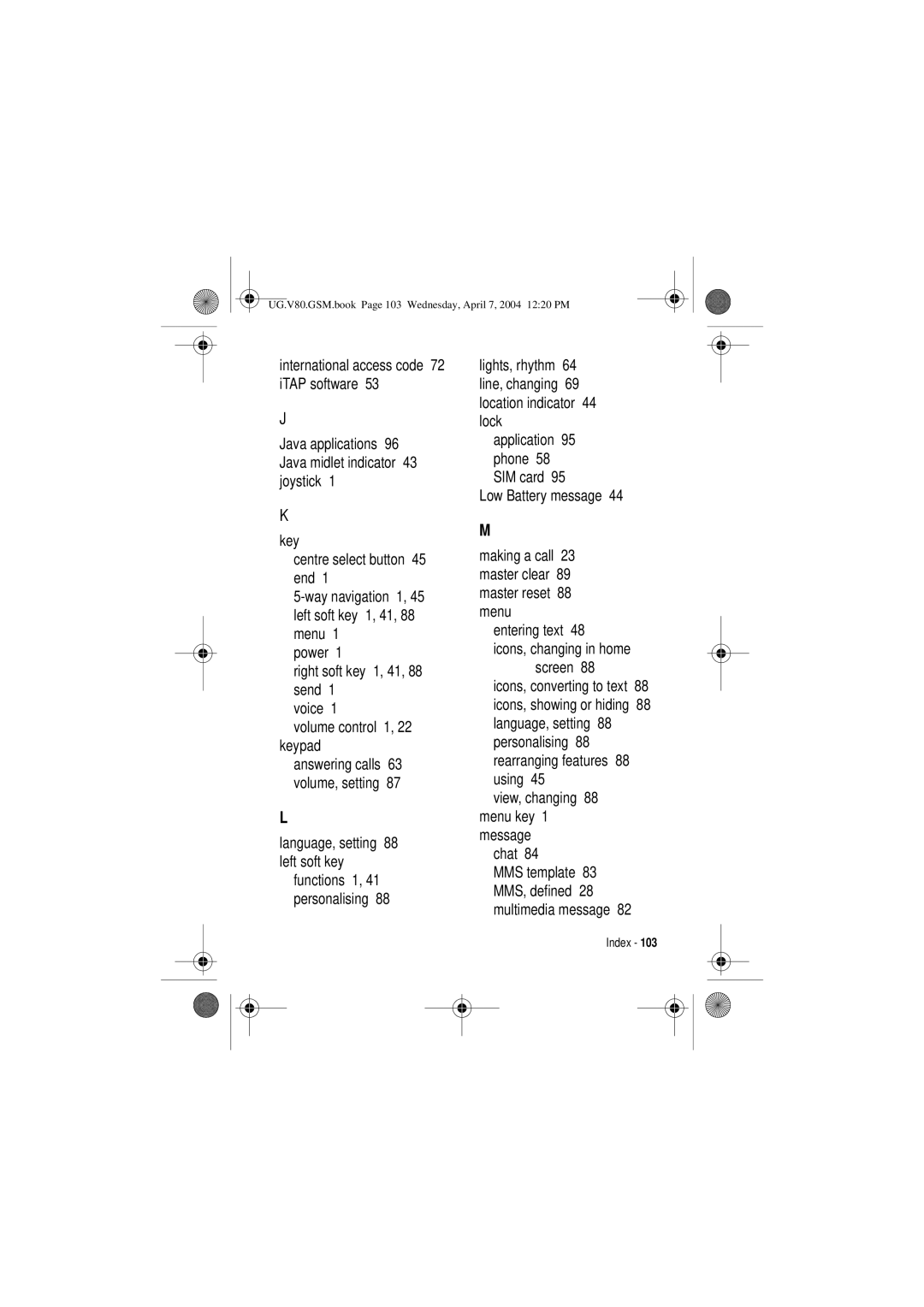 Motorola V80 manual Language, setting 88 left soft key, Entering text 