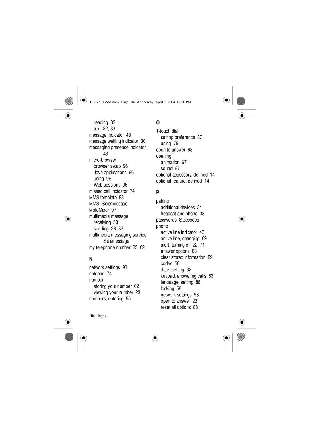 Motorola V80 manual Numbers, entering, Passwords. See codes phone 