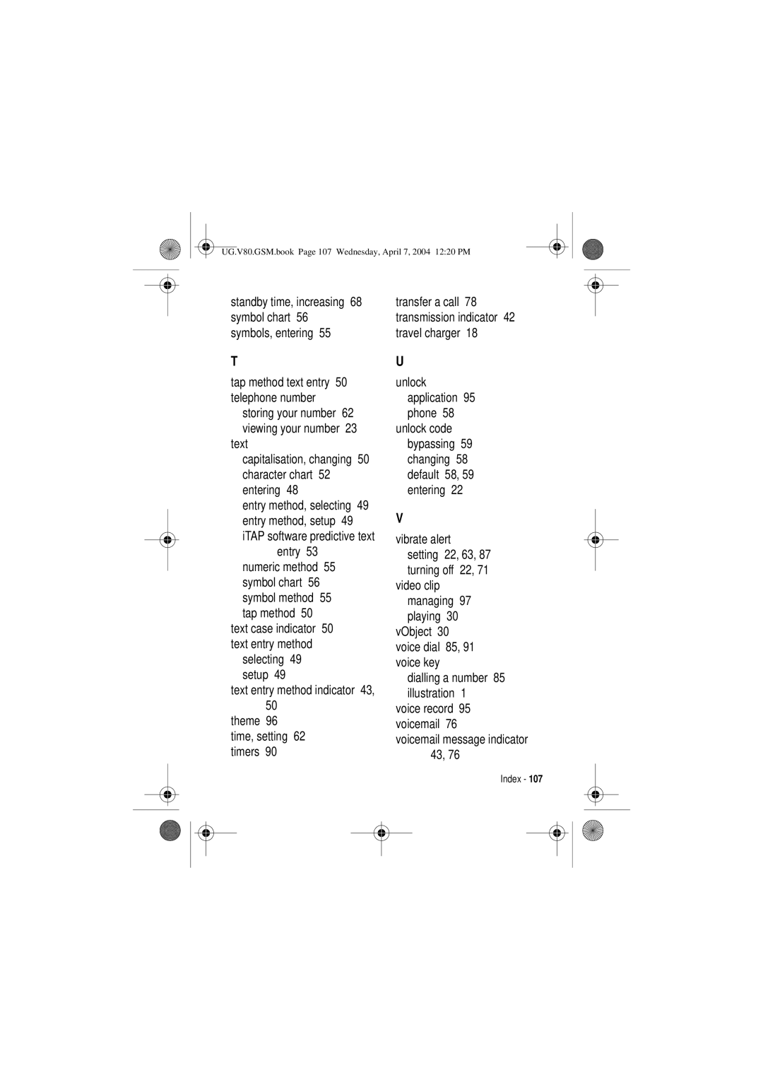 Motorola V80 manual Text Capitalisation, changing 50 character chart 52 entering, Voicemail message indicator 43 