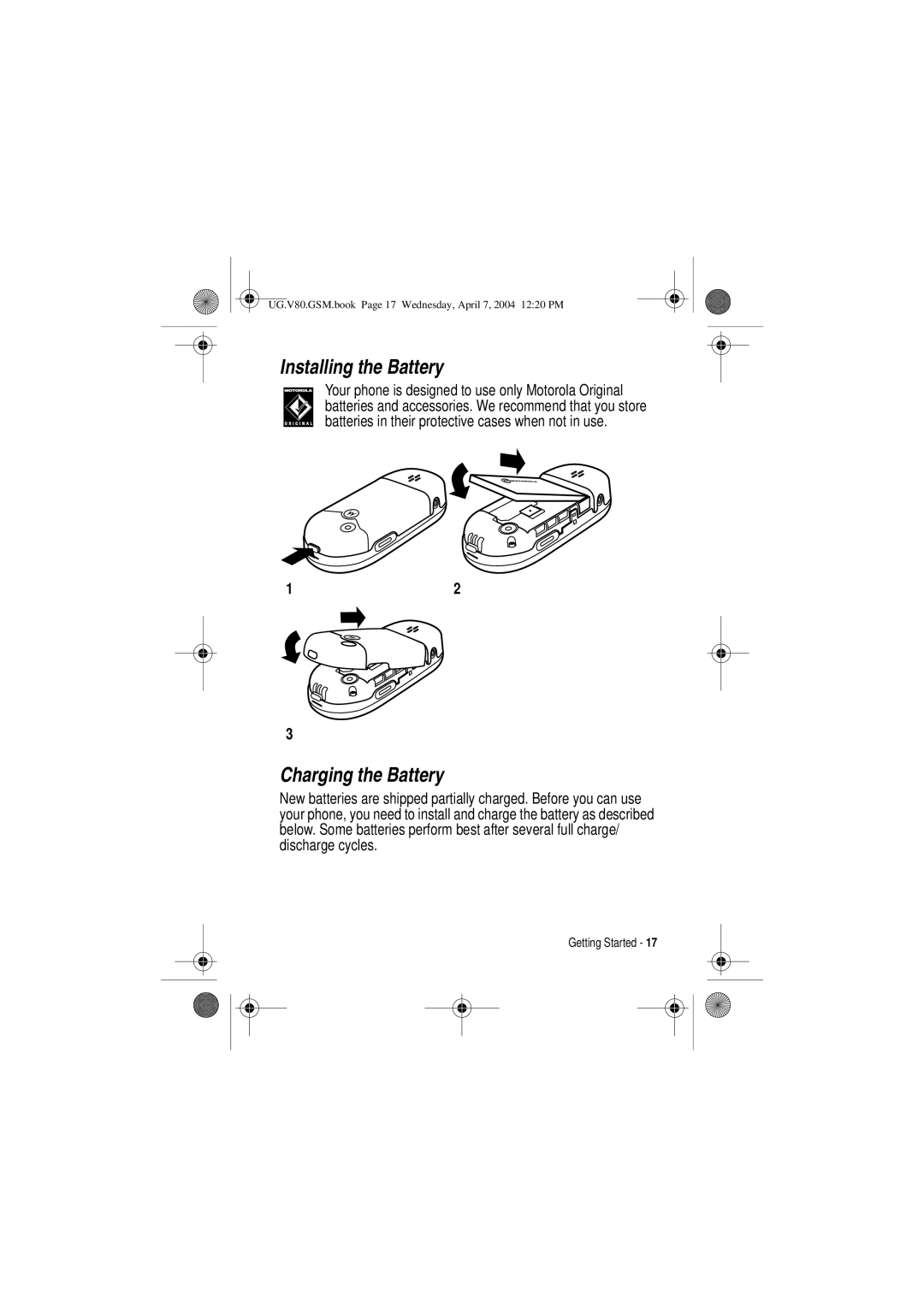 Motorola V80 manual Installing the Battery, Charging the Battery 