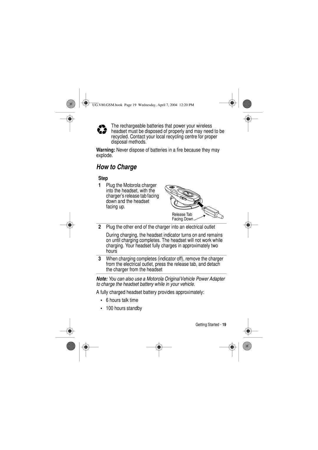 Motorola V80 manual How to Charge, Step, Facing up 