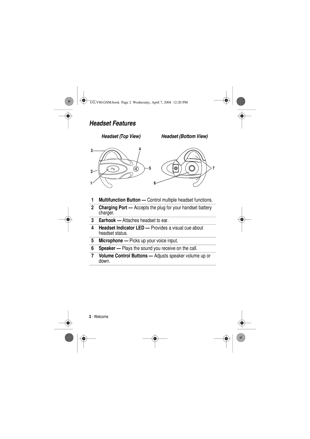 Motorola V80 manual Headset Features, Volume Control Buttons Adjusts speaker volume up or down 