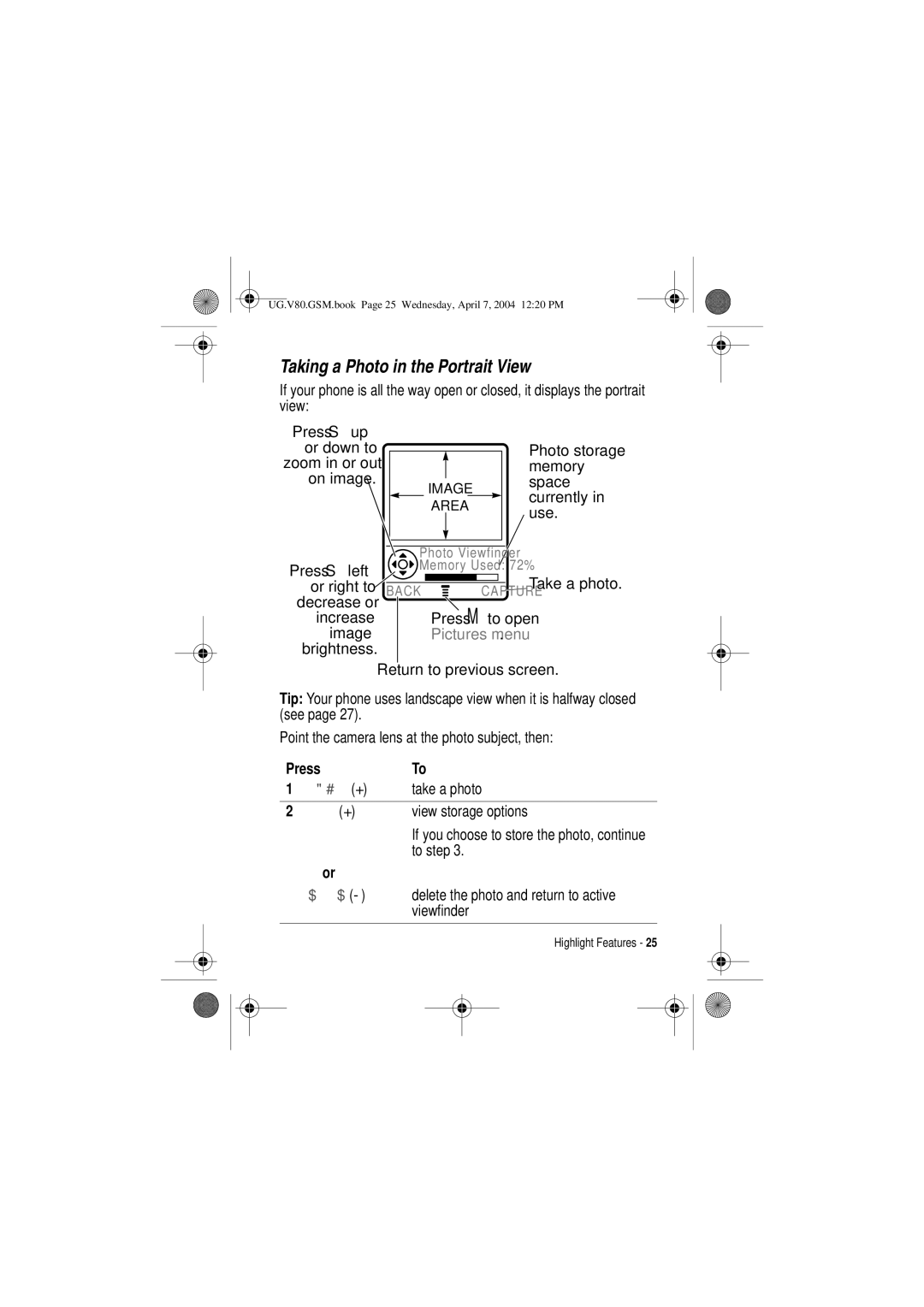 Motorola V80 manual Taking a Photo in the Portrait View, $3785 +, 6725 + 