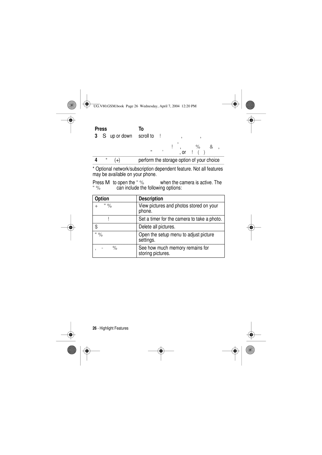 Motorola V80 manual Option Description 