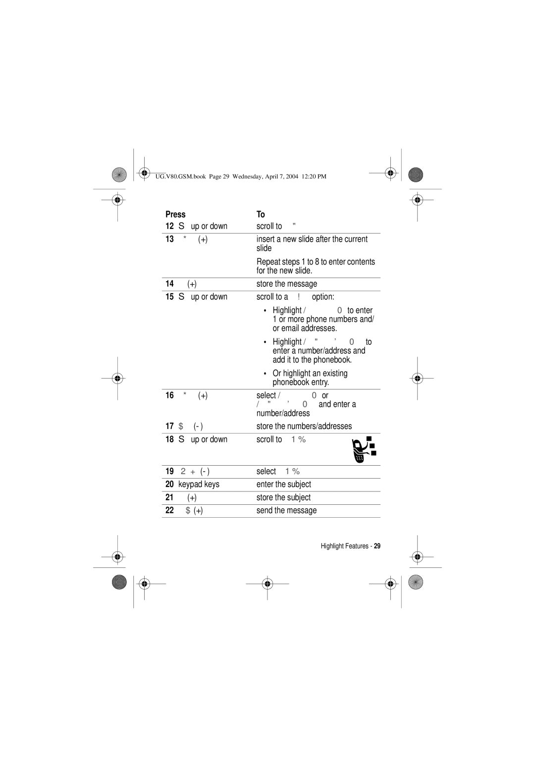 Motorola V80 manual Select 2QH 7LPH QWU\@ or, +$1, 61 + 