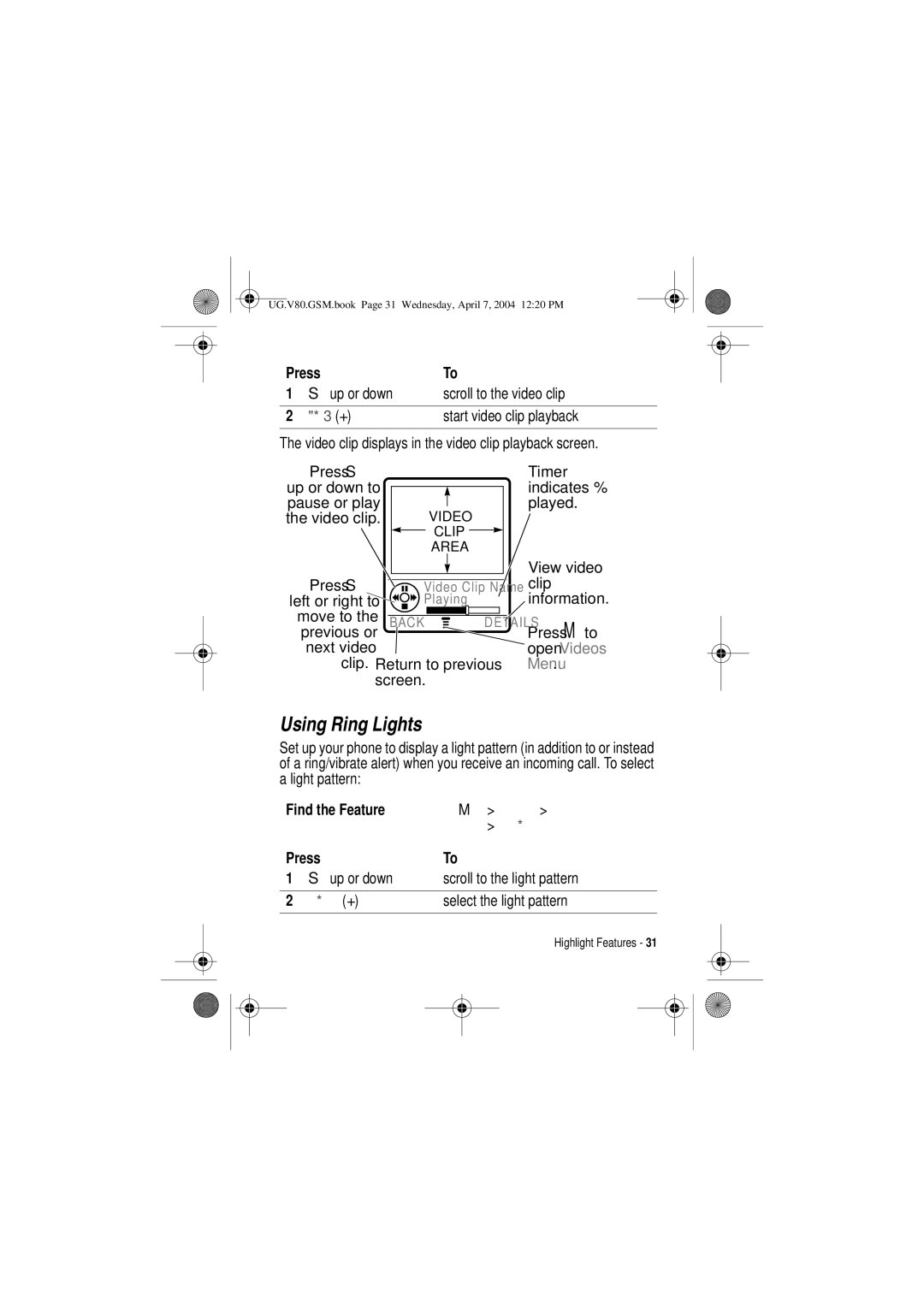 Motorola V80 manual Using Ring Lights, Up or down Scroll to the video clip, Start video clip playback 