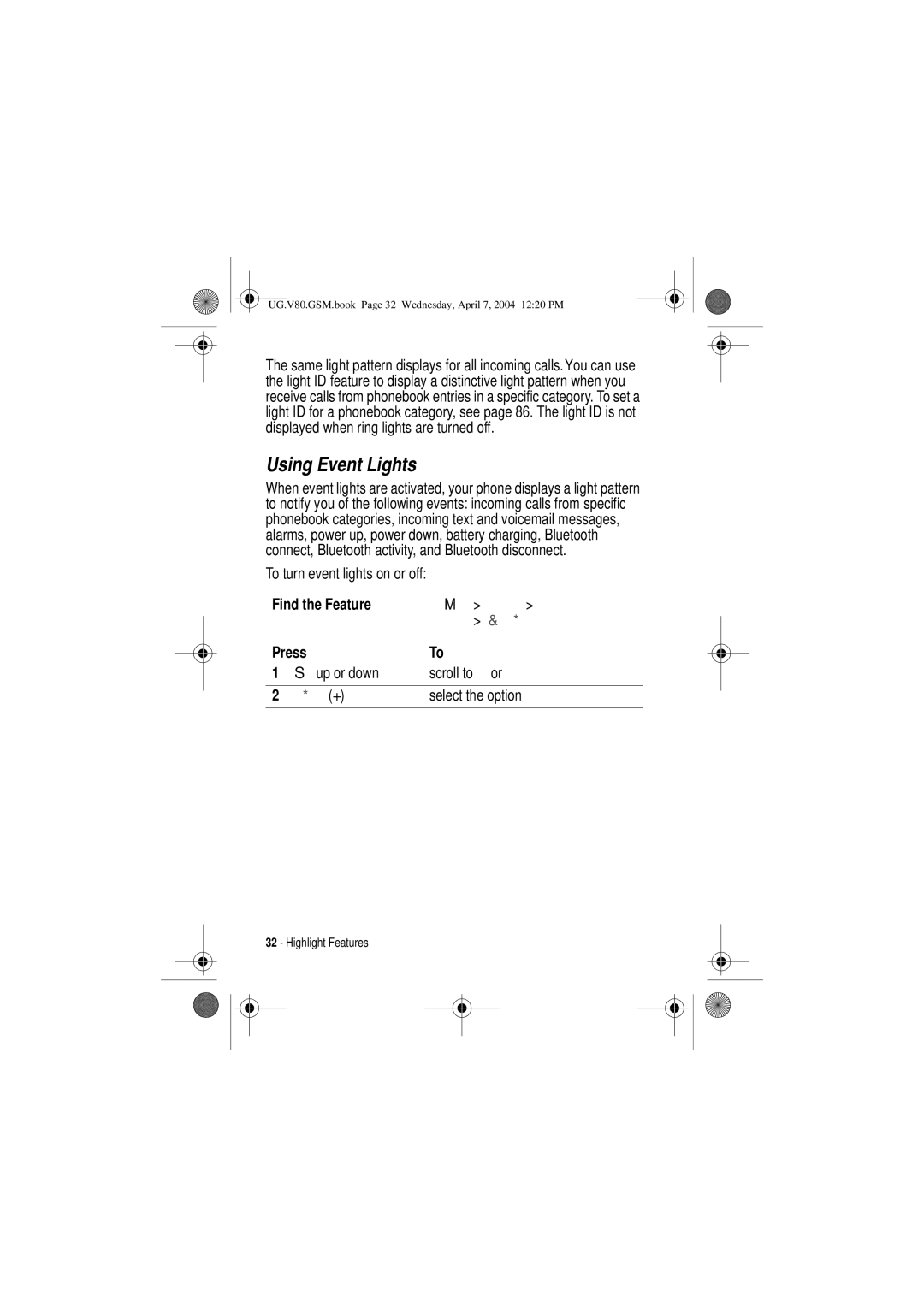 Motorola V80 manual Using Event Lights, To turn event lights on or off, Up or down Scroll to 2Q or Select the option 