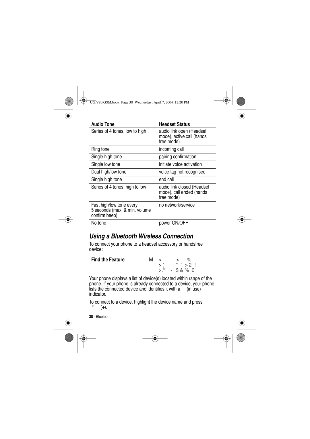 Motorola V80 manual Using a Bluetooth Wireless Connection, Fast high/low tone every No network/service 