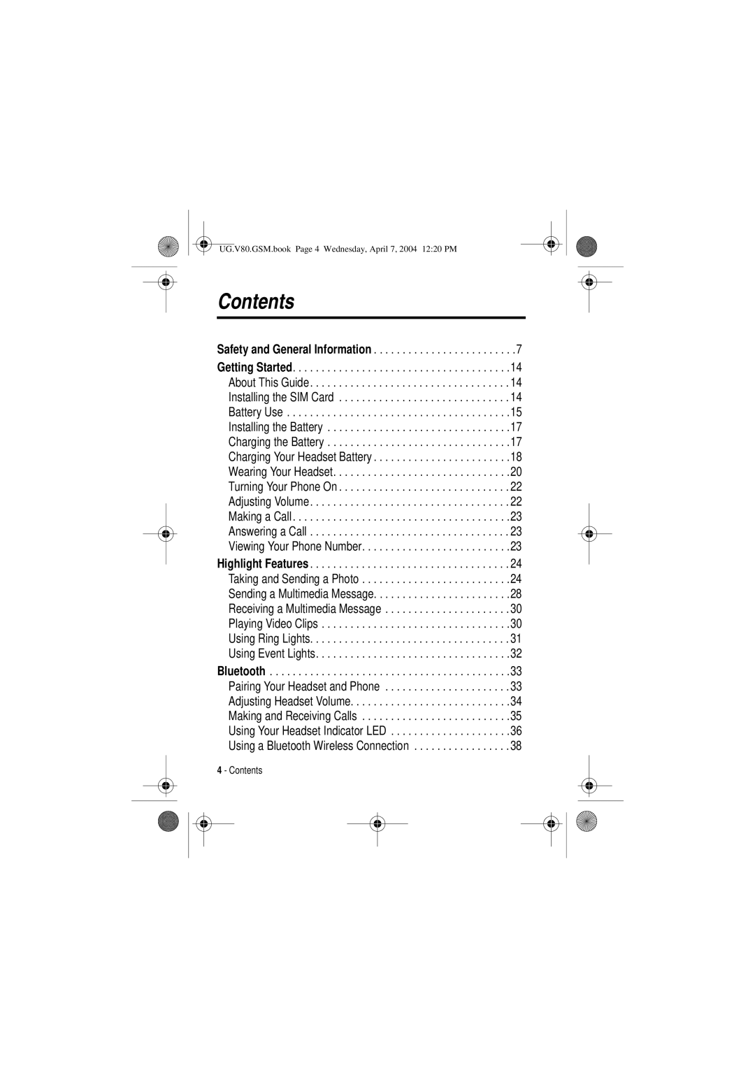 Motorola V80 manual Contents 