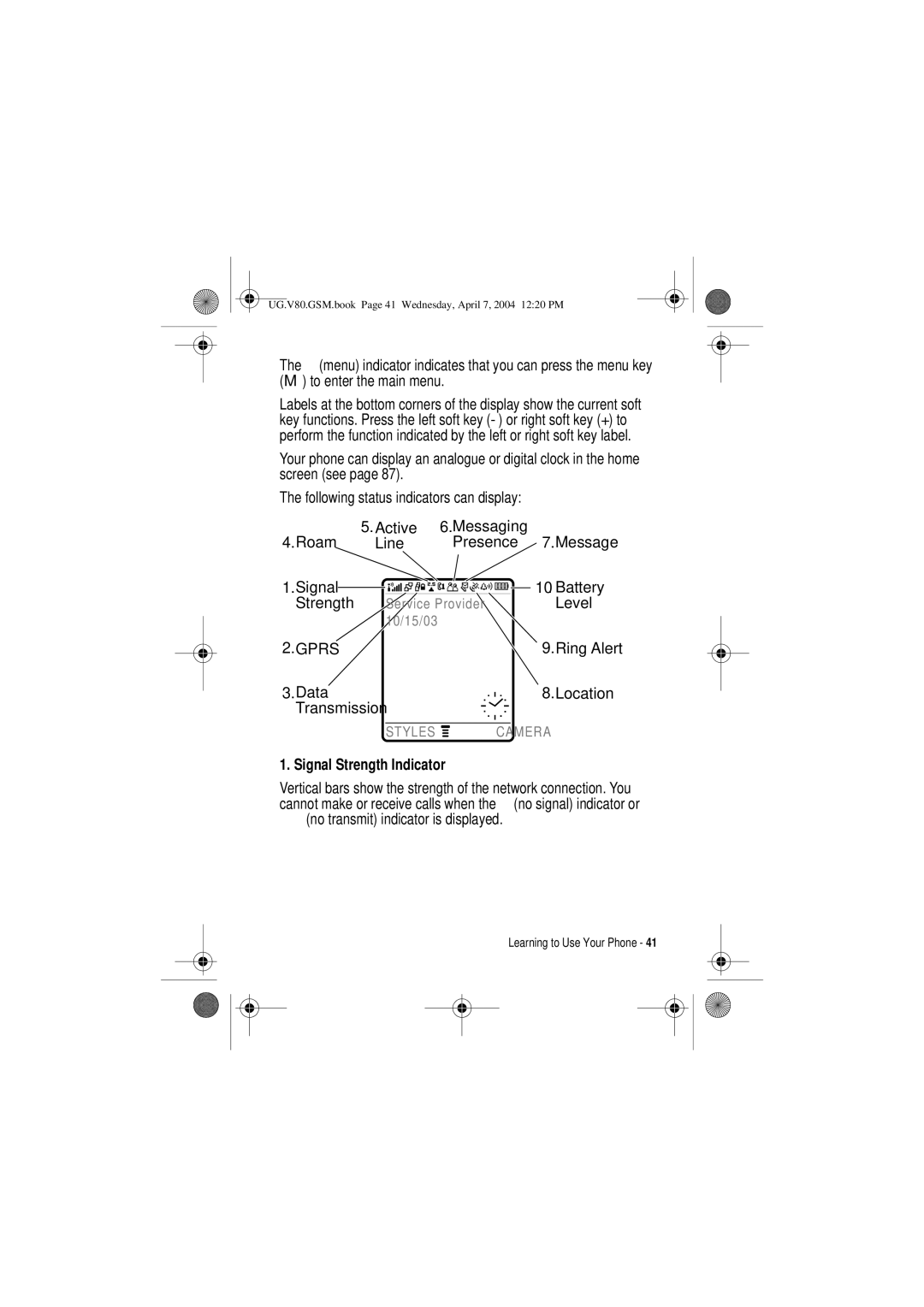 Motorola V80 manual Signal Strength Indicator 