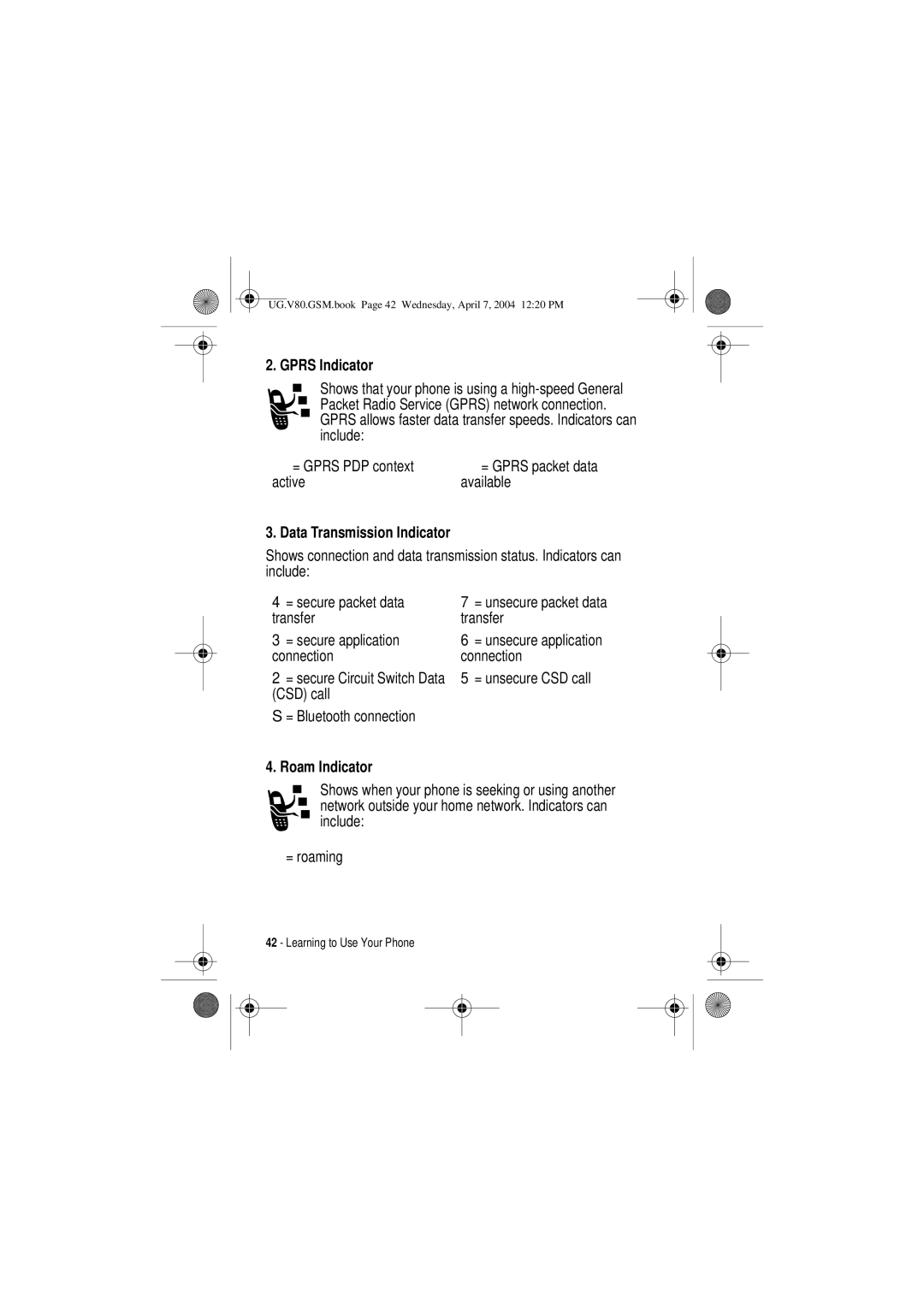 Motorola V80 manual Gprs Indicator, Data Transmission Indicator, Roam Indicator 