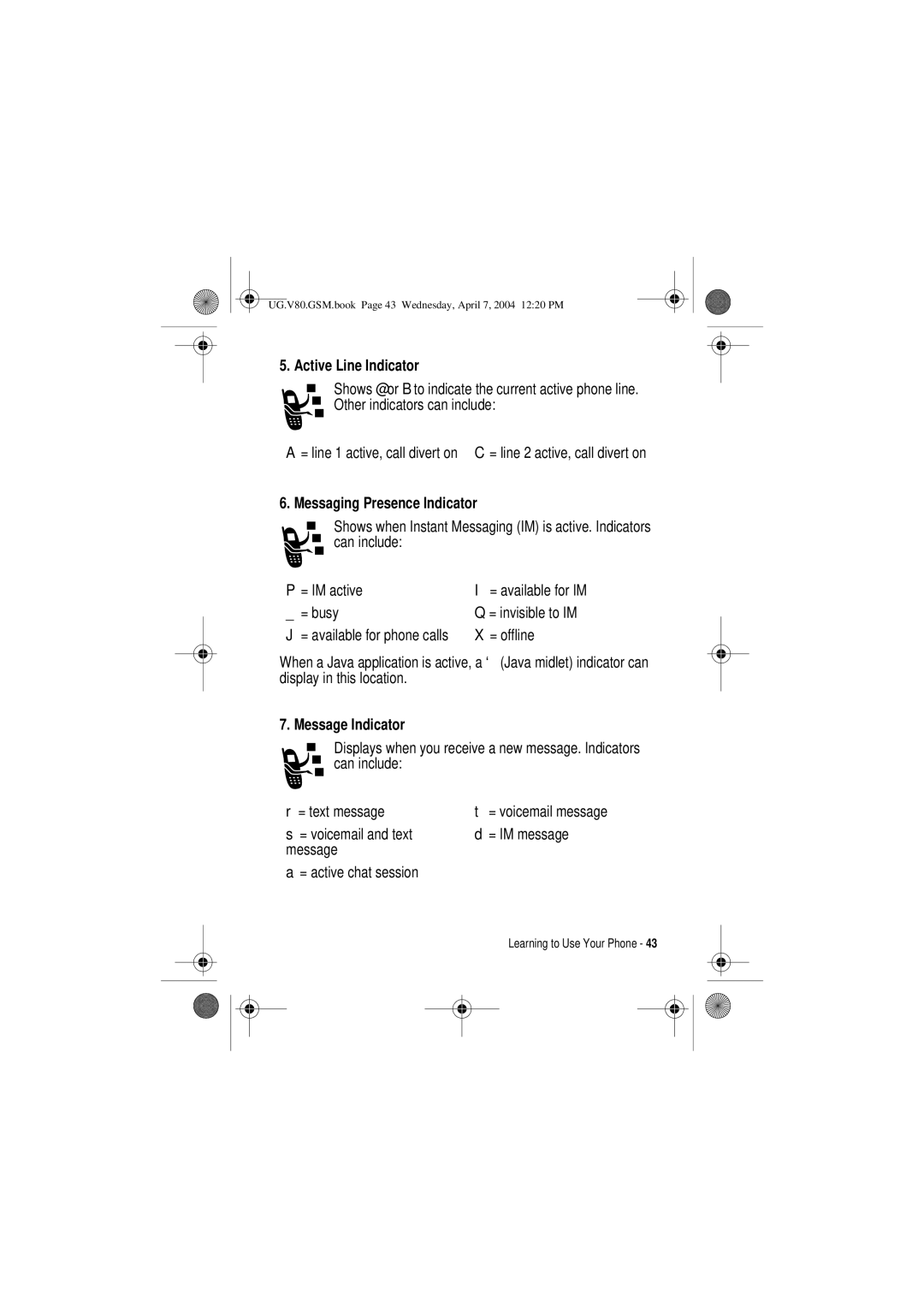 Motorola V80 manual Active Line Indicator, Messaging Presence Indicator, Message Indicator 