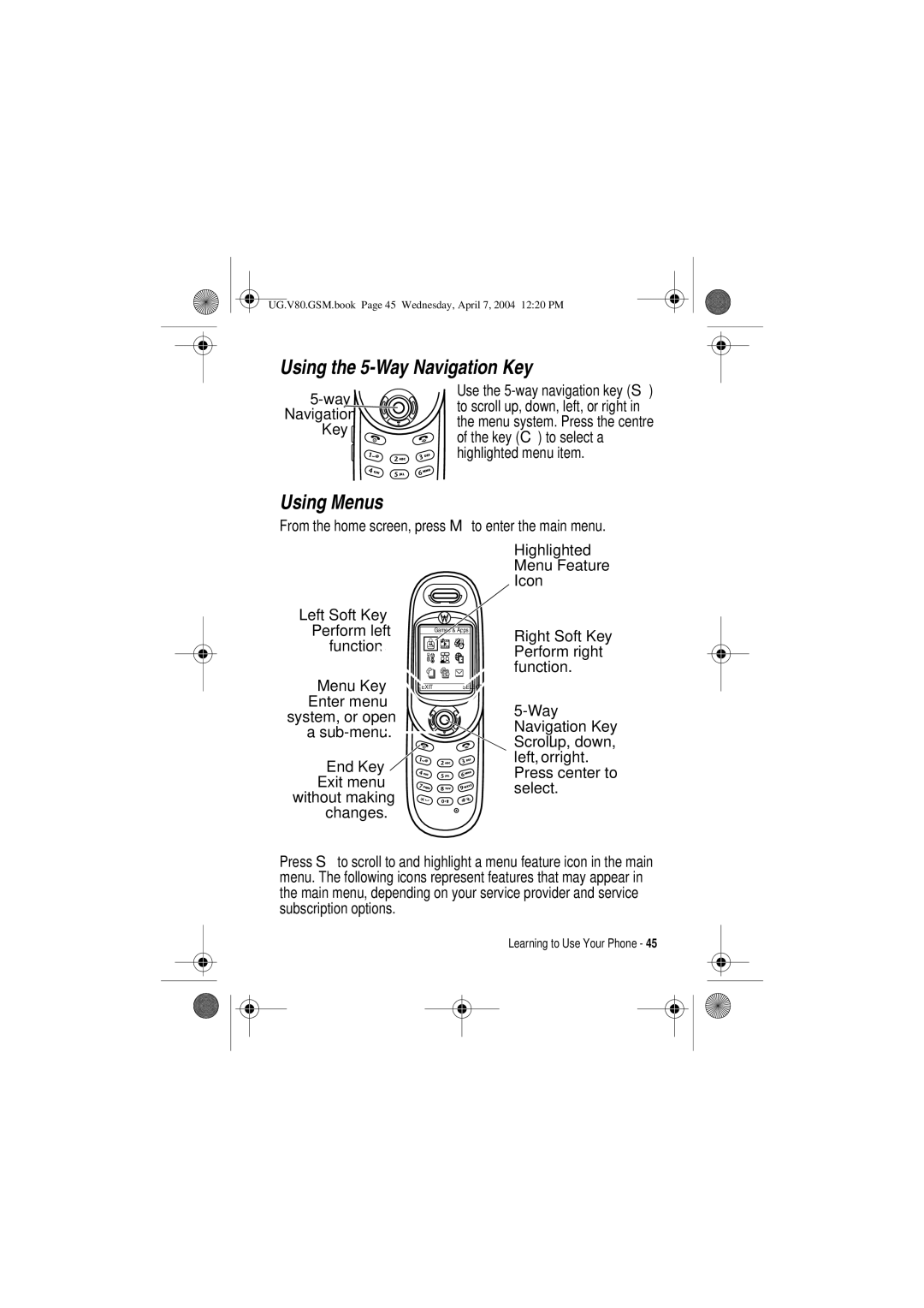 Motorola V80 manual Using the 5-Way Navigation Key, Using Menus 