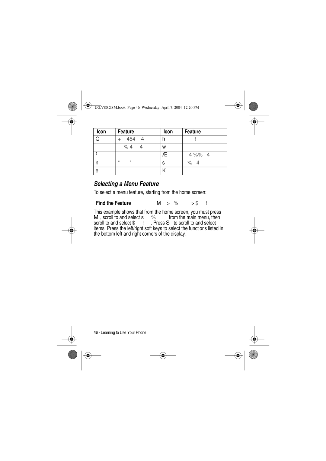 Motorola V80 manual Selecting a Menu Feature, Icon Feature, To select a menu feature, starting from the home screen 