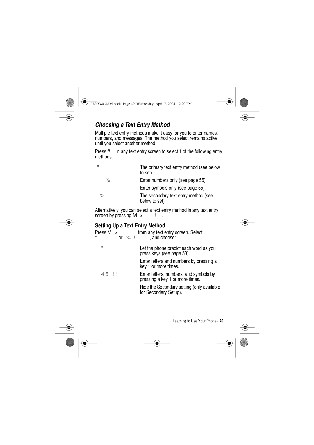 Motorola V80 manual Choosing a Text Entry Method, L7$3 