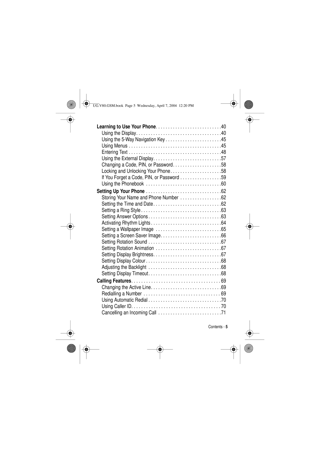 Motorola manual UG.V80.GSM.book Page 5 Wednesday, April 7, 2004 1220 PM 