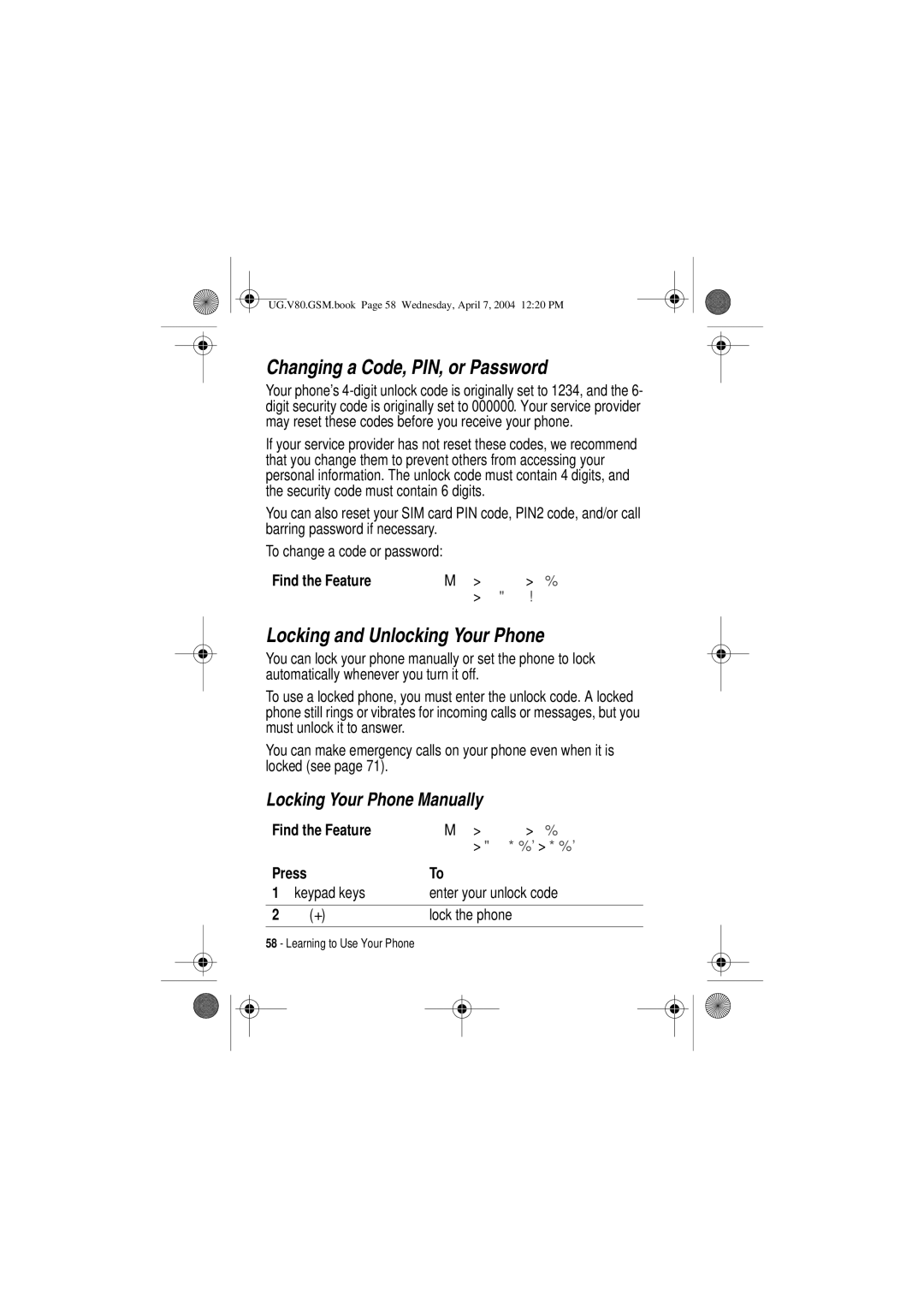 Motorola V80 manual Changing a Code, PIN, or Password, Locking and Unlocking Your Phone, Locking Your Phone Manually 