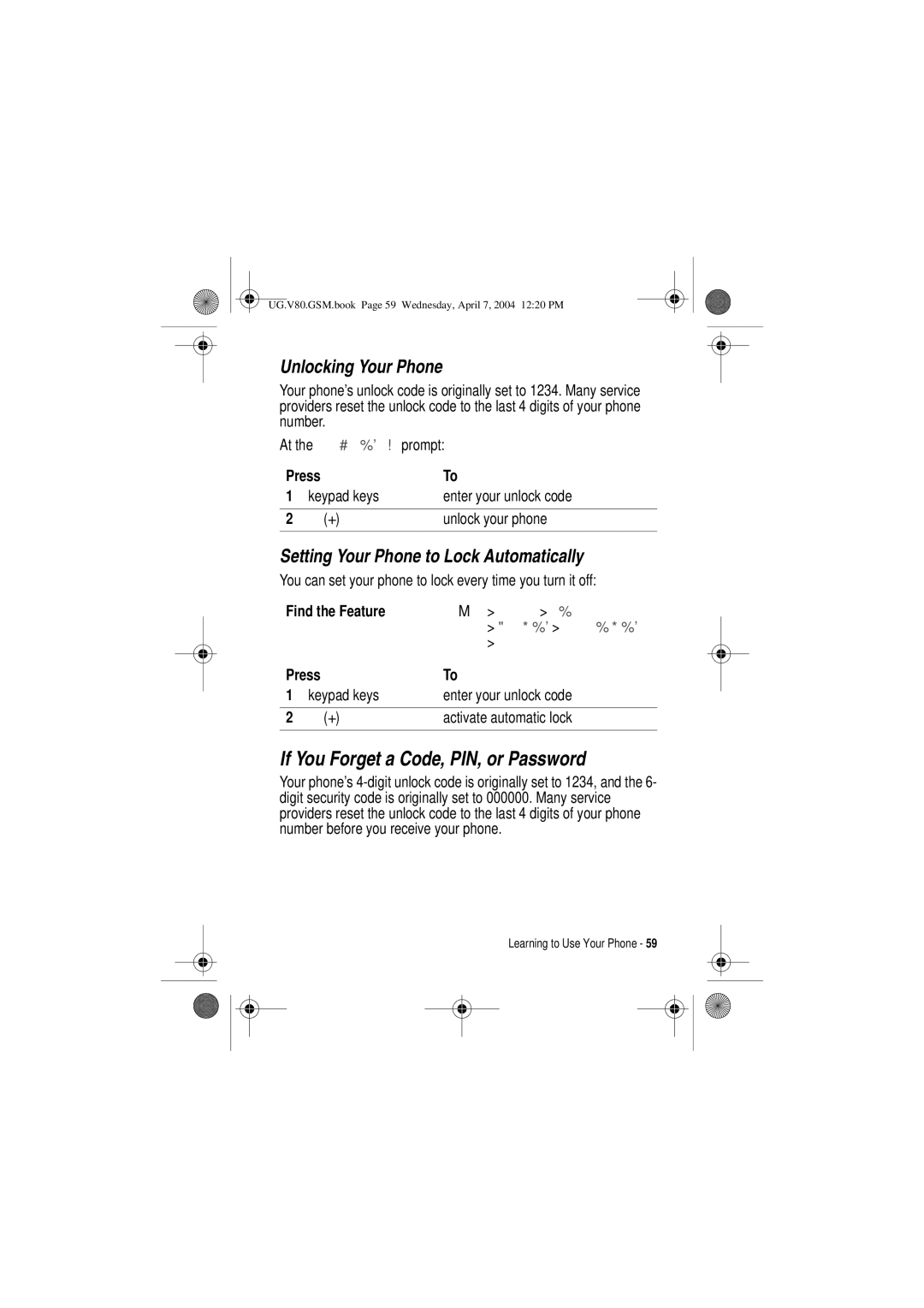 Motorola V80 manual If You Forget a Code, PIN, or Password, Unlocking Your Phone, Setting Your Phone to Lock Automatically 