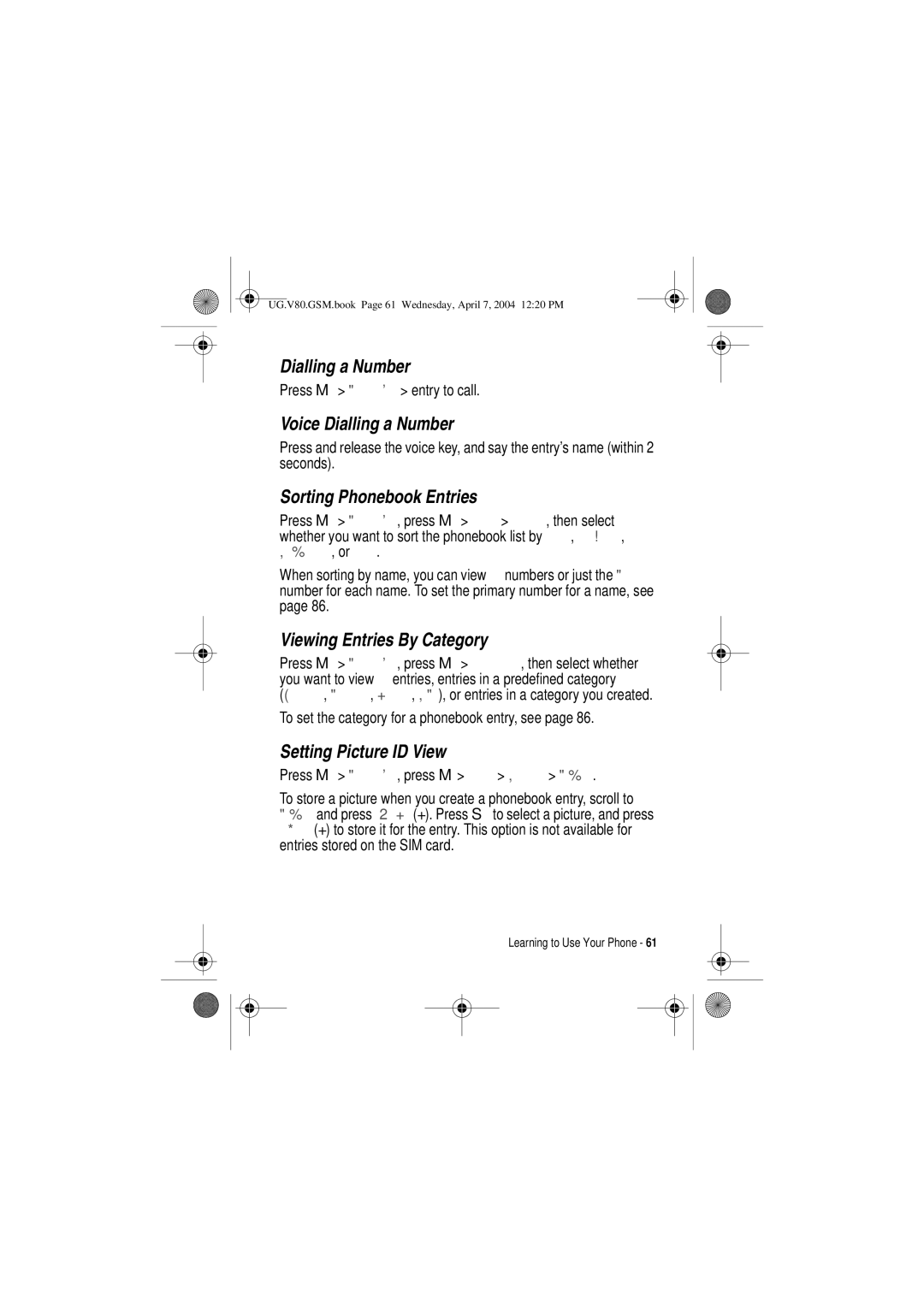 Motorola V80 Voice Dialling a Number, Sorting Phonebook Entries, Viewing Entries By Category, Setting Picture ID View 