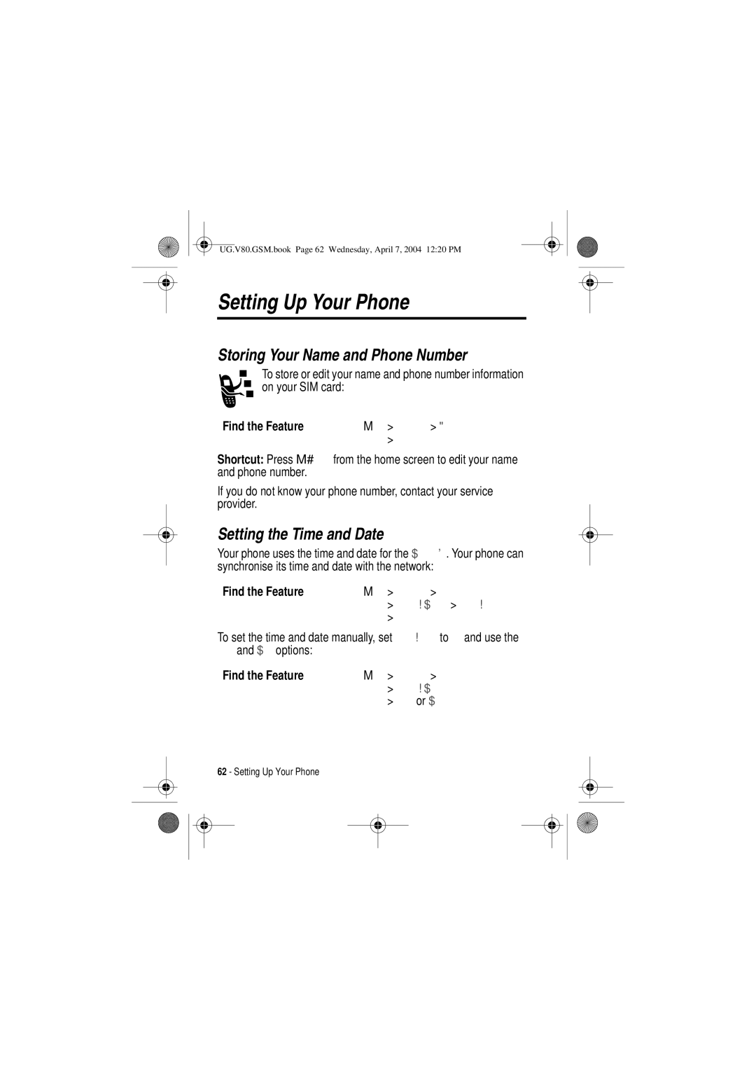 Motorola V80 manual Setting Up Your Phone, Storing Your Name and Phone Number, Setting the Time and Date, 7LPH or DWH 