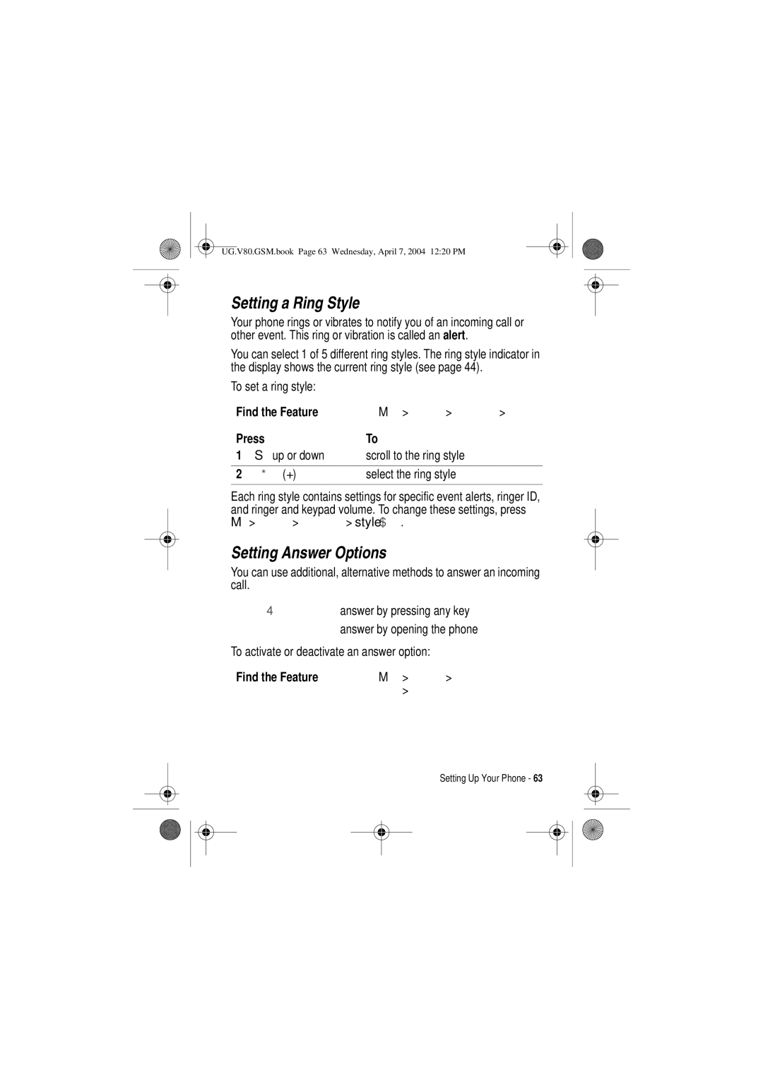 Motorola V80 manual Setting a Ring Style, Setting Answer Options, 0XOWL.H 